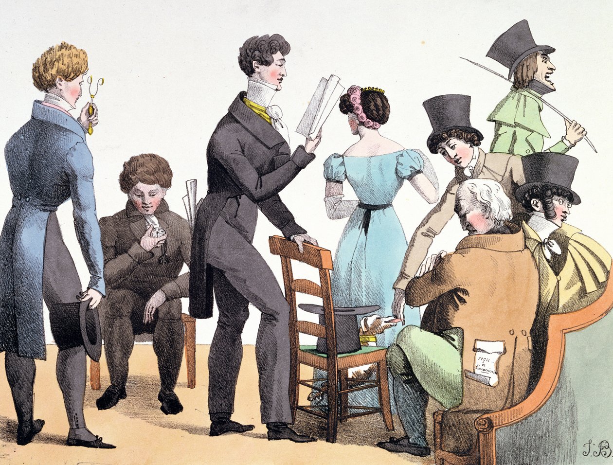 Autor čte své dílo vybrané skupině, březen 1821 od French School