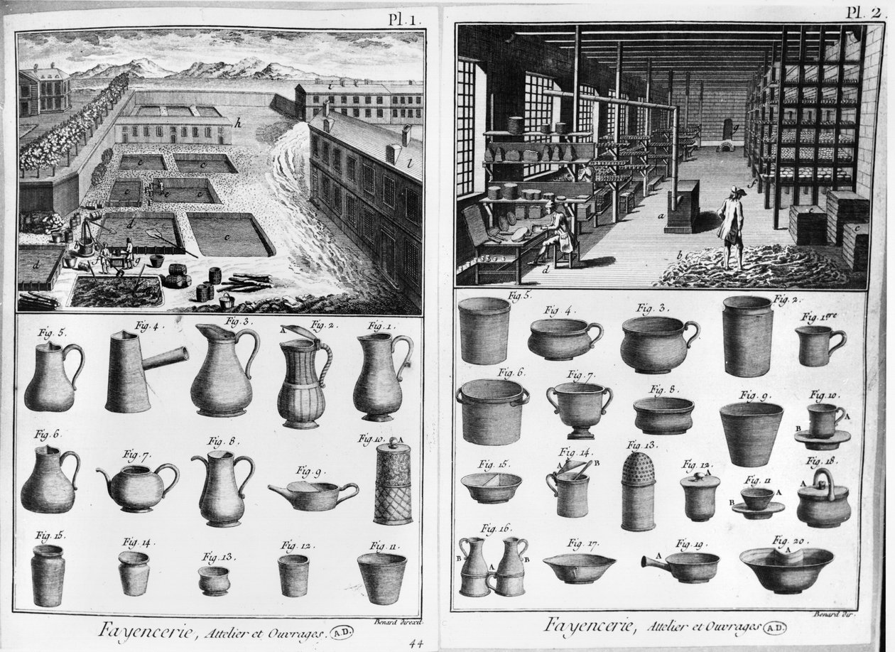Hliněná dílna, ilustrace z encyklopedie Denise Diderota (1713-84) vyryla Robert Benard (nar. 1734) od French School