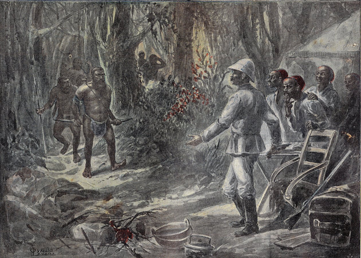 Anglický cestovatel Lloyd objevuje Pygmee při objevování Afriky. Rytina v „“ Le Pelerin“ 8/04/1899. od French School