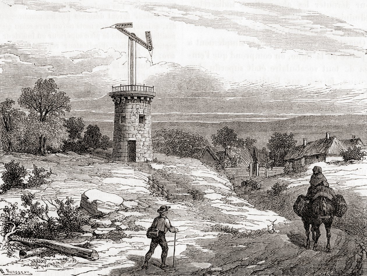 Letecká telegrafní pošta z 18. století z Les Merveilles de la Science, publikovaná kolem roku 1870 (rytina) od French School