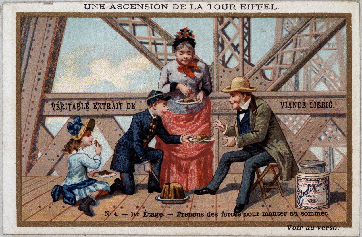 Výstup na Eiffelovu věž: nabírá síly v 1. patře - chromo. Liébig, deb. 20. století od French School