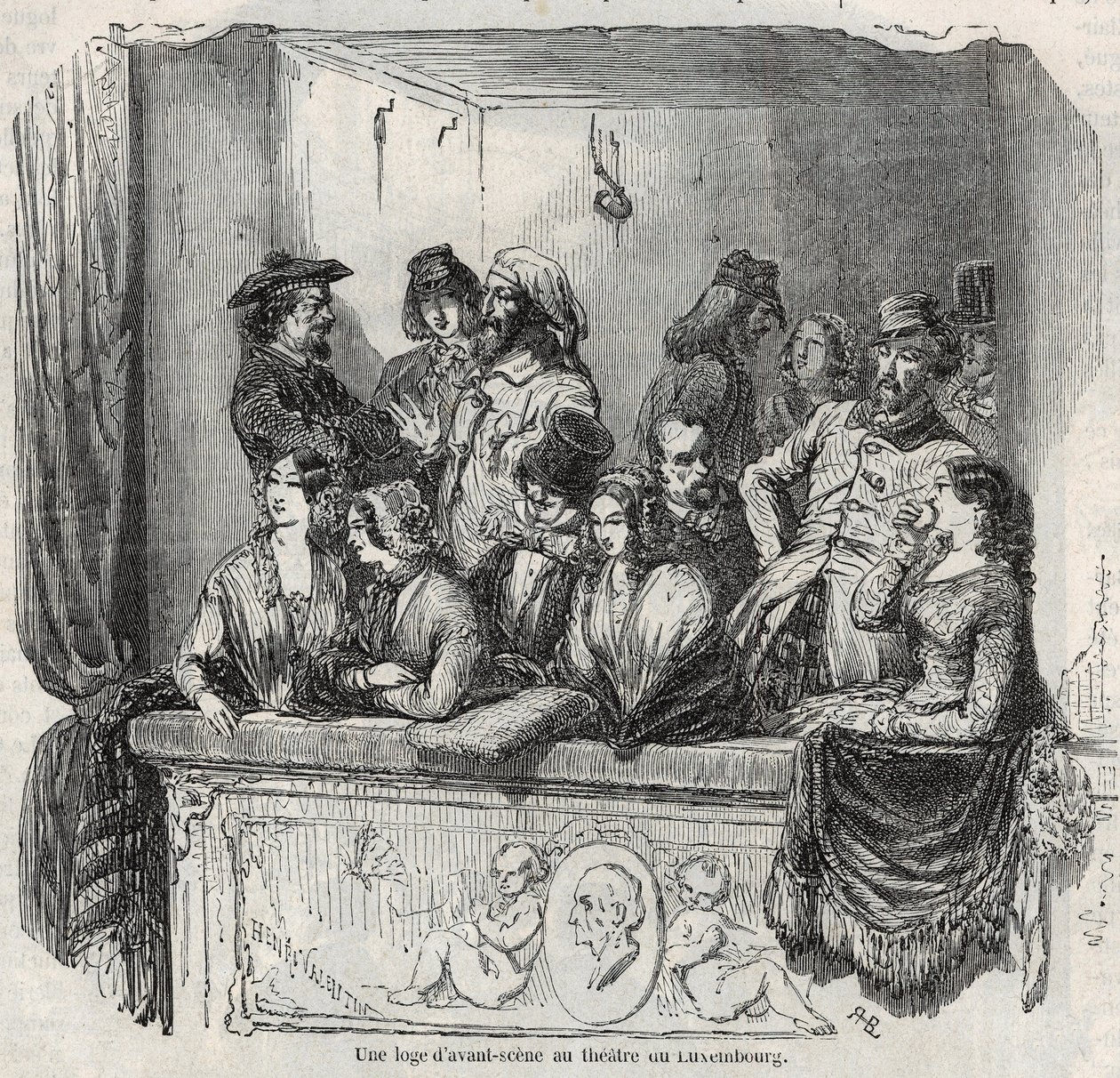 Avant-scénová lóže v lucemburském divadle v Paříži v 19. století Rytina v „“ Tableau-de-Paris““ od Edmonda Texiera 1852 od French School