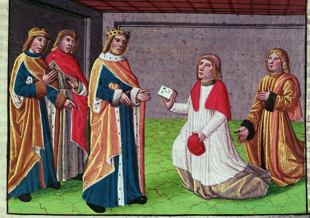 Vyslanec papeže Adriana I. prosící Karla Velikého, aby bránil Řím proti lombardskému králi Desideriovi, miniatura z „Ogier le Danois“, tisk A. Verard, Paříž od French School