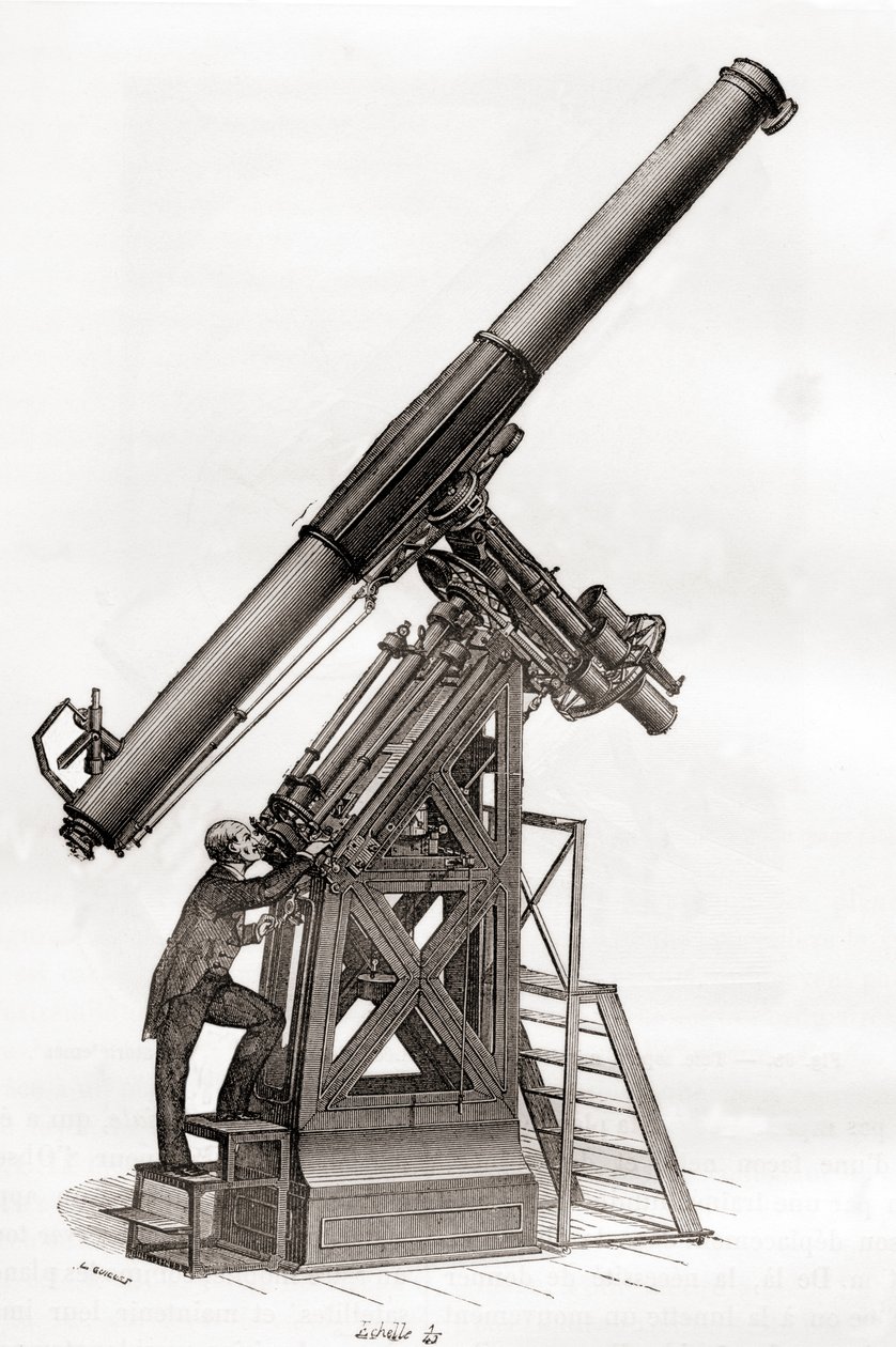 Rovníkový dalekohled na pařížské observatoři ve Francii v 19. století z Les Merveilles de la Science, publikovaný kolem roku 1870 (rytina) od French School