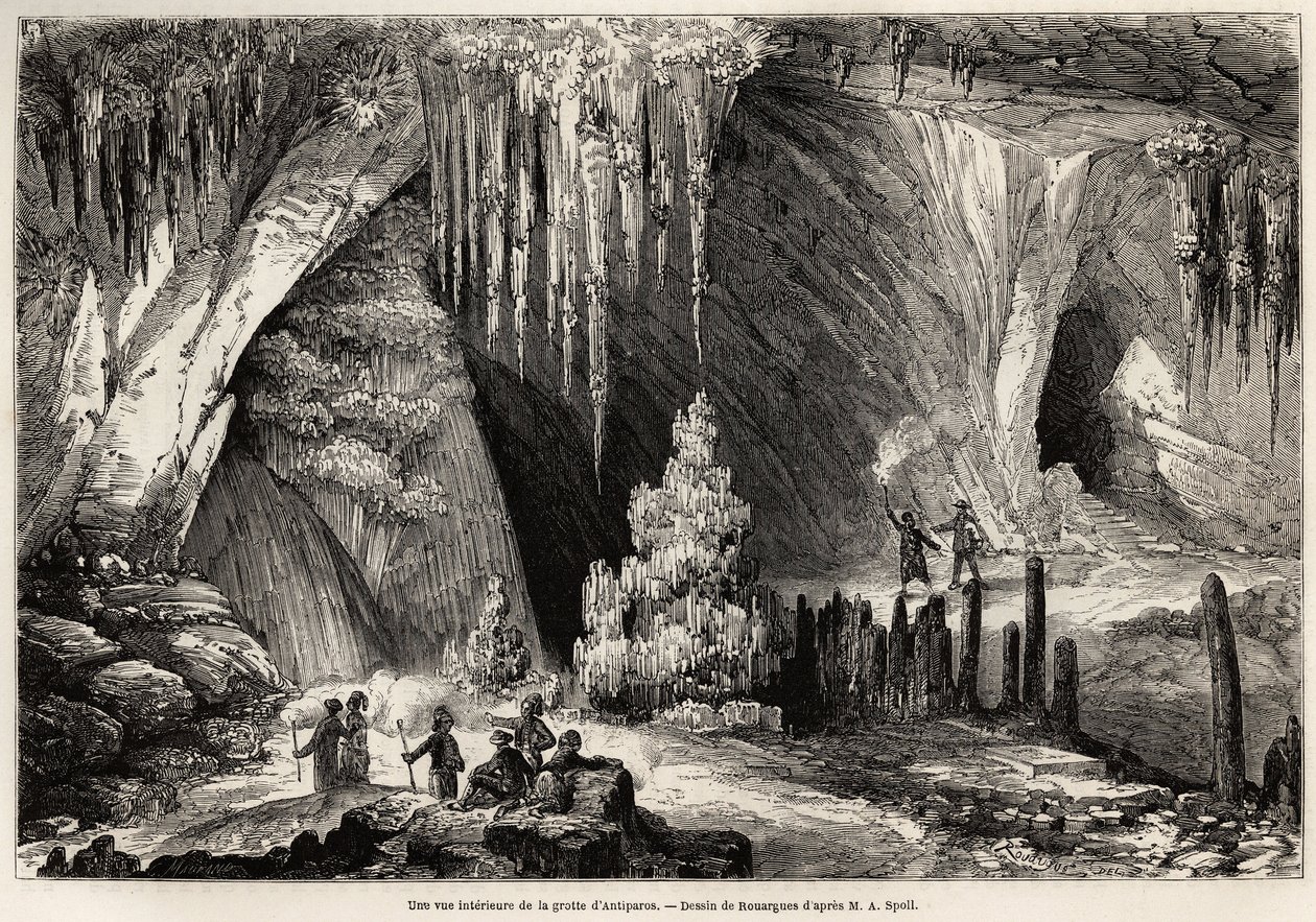 Vnitřní pohled na jeskyni Antiparos, ostrov Kyklady, kresba Emila Rouarguea (asi 1895-1865), ilustrující návštěvu jeskyně Antiparos v roce 1859, kterou provedl E. A. Spoll. Rytina v časopise "Le tour du monde" 1861. Selvova sbírka. od French School