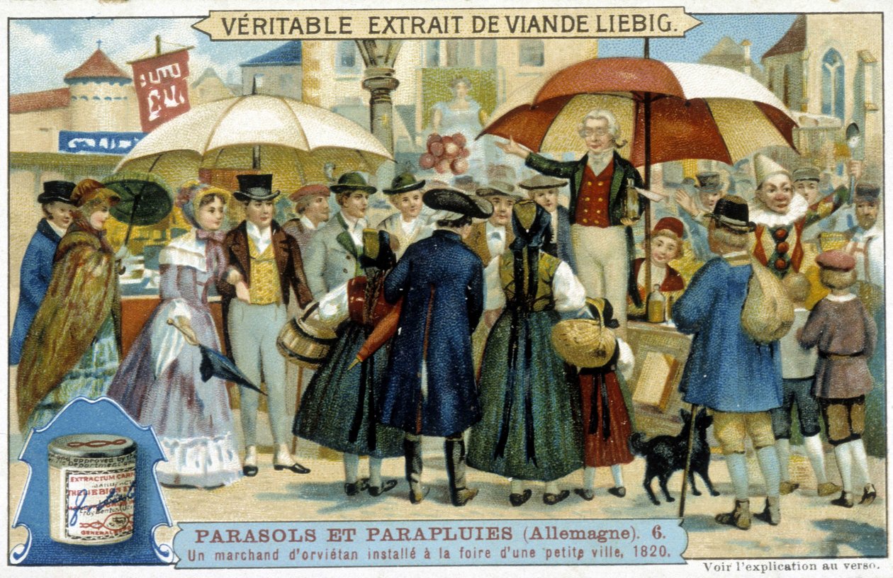 Orvietský obchodník (šarlatán) instalovaný na veletrhu v malém městě v Německu - Reklamní štítek Liébig, v.1900 od French School