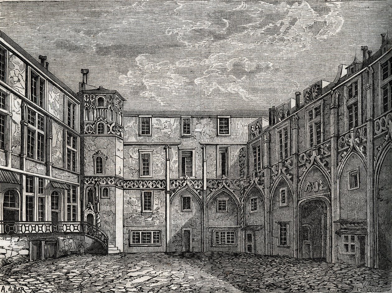 Ancien hotel de la Tromoille, rue des Bourdonnais, Paříž (1. arr) Rytina do „“ Fyzických, občanských a morálních dějin Paříže: od prvních historických dob po současnost“ od Jacquese Antoine Dulaure od French School