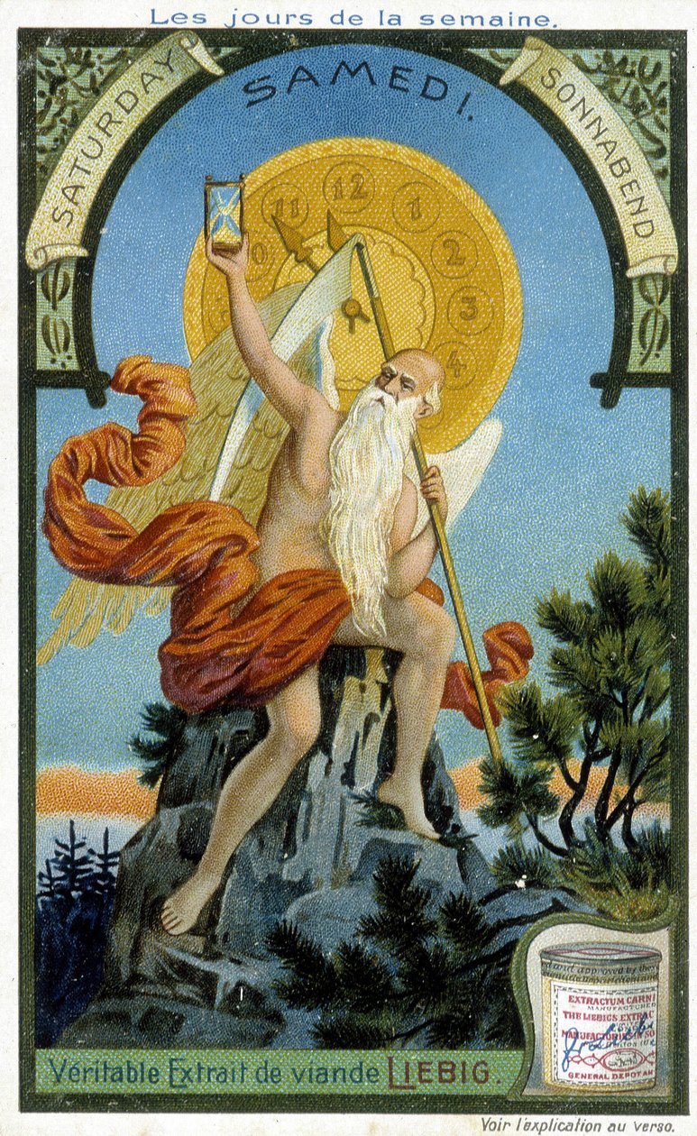 Starověké božstvo držící přesýpací hodiny jako symbol plynutí času pro ilustraci soboty. Chromolitografická reklamní karta Liebig. od French School