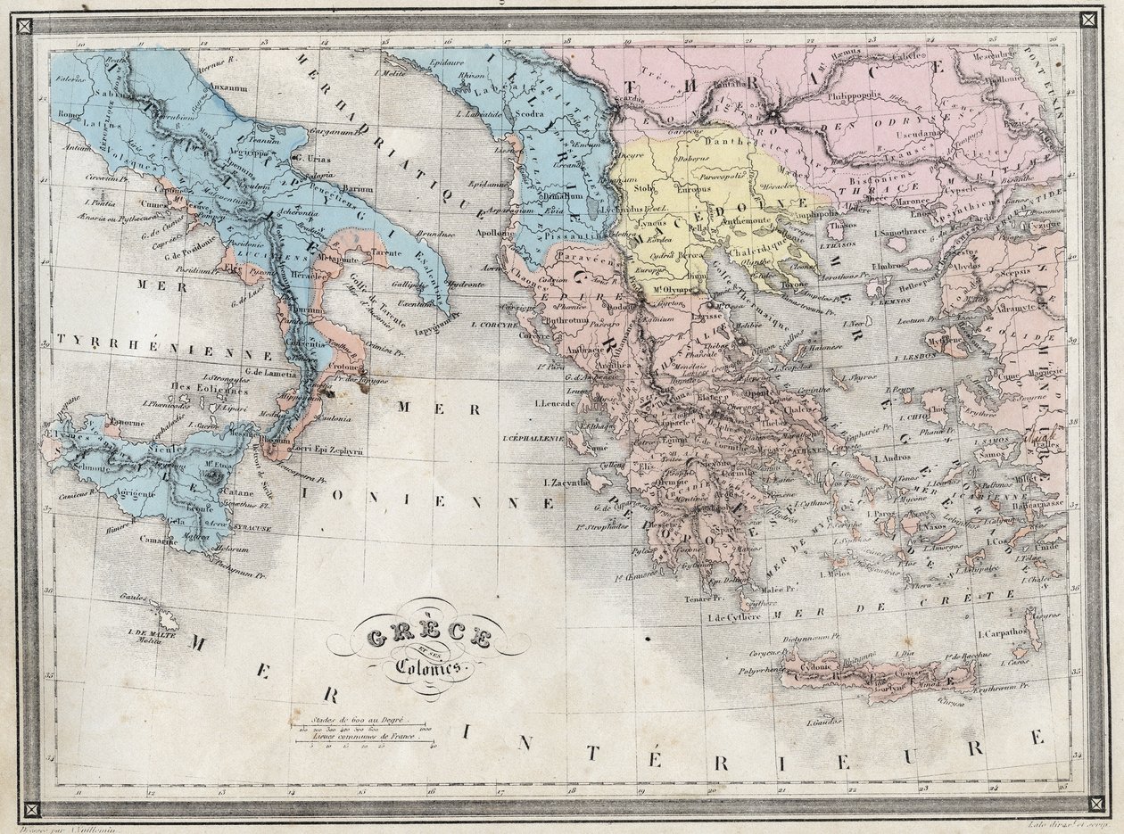 Starověké Řecko a jeho kolonie - Deska z „Univerzálního atlasu starověké a moderní geografie pro obytné školy“ od Vuillemina - ca. 1845 od French School