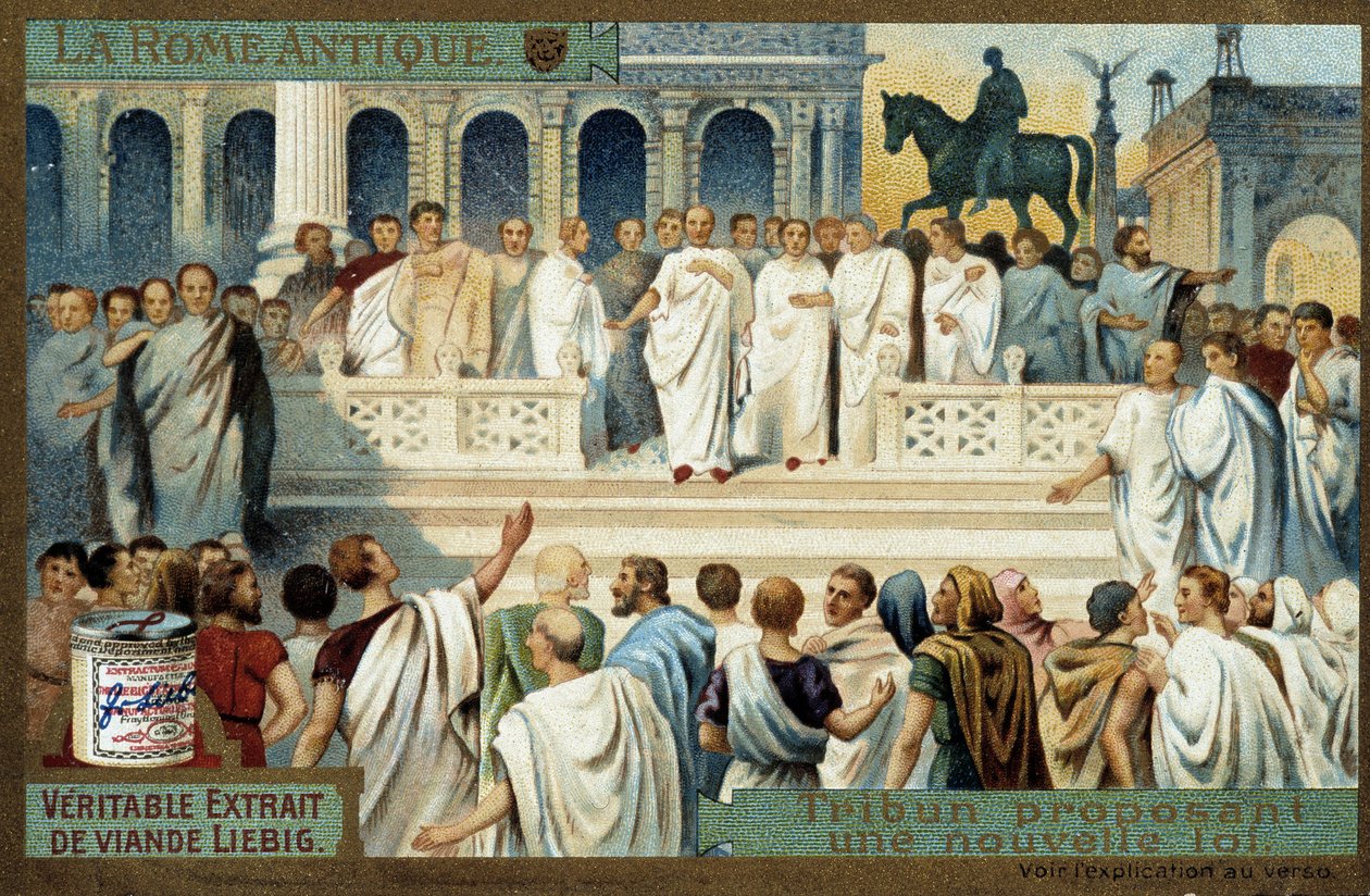 Starověký Řím: tribun navrhuje nový zákon - Liebig Chromolitografie, v.1900 od French School