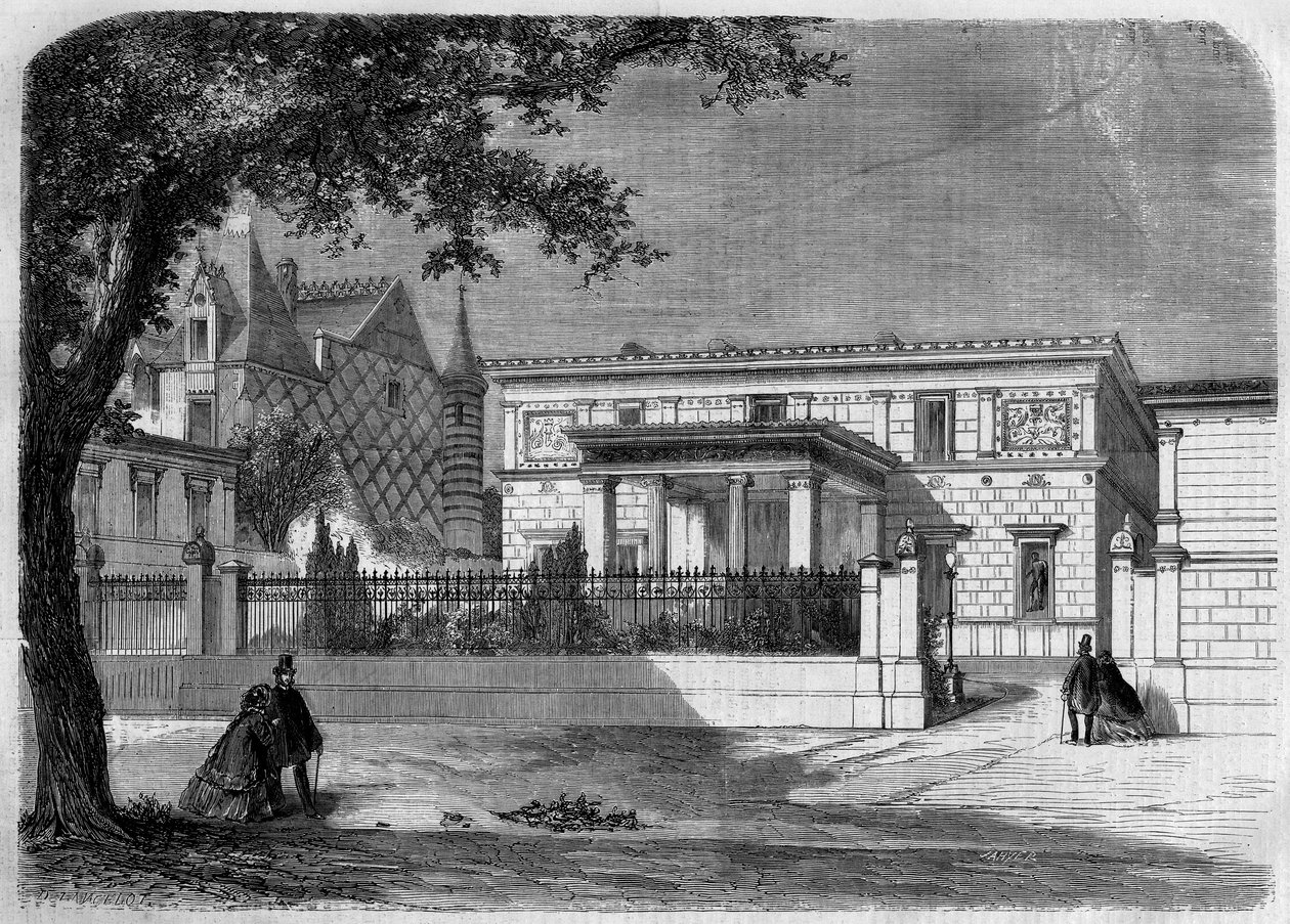 Antická architektura: pohled na průčelí pompejského domu „knížete Napoleona“ (1822-1891) postaveného architektem Alfredem Normandem. Paříž, rue Montaigne od French School
