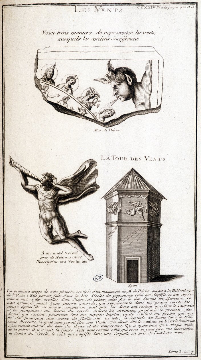 Starověké znázornění větru a větrné věže - rytina od French School