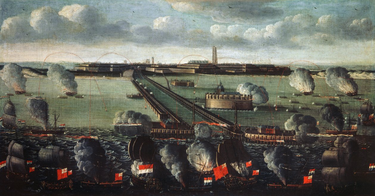Anglo-nizozemská flotila bombardující Dunkerque v roce 1695 od French School