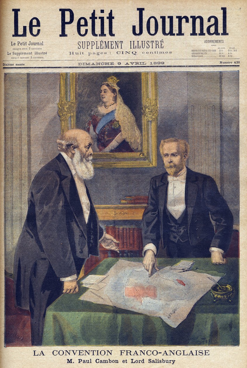Anglo-francouzská úmluva podepsaná v Londýně Paulem Cambonem (1843-1924) a Lordem Salisburym (1830-1904) z „Le Petit Journal“, 9. dubna 1899 (rytina) od French School