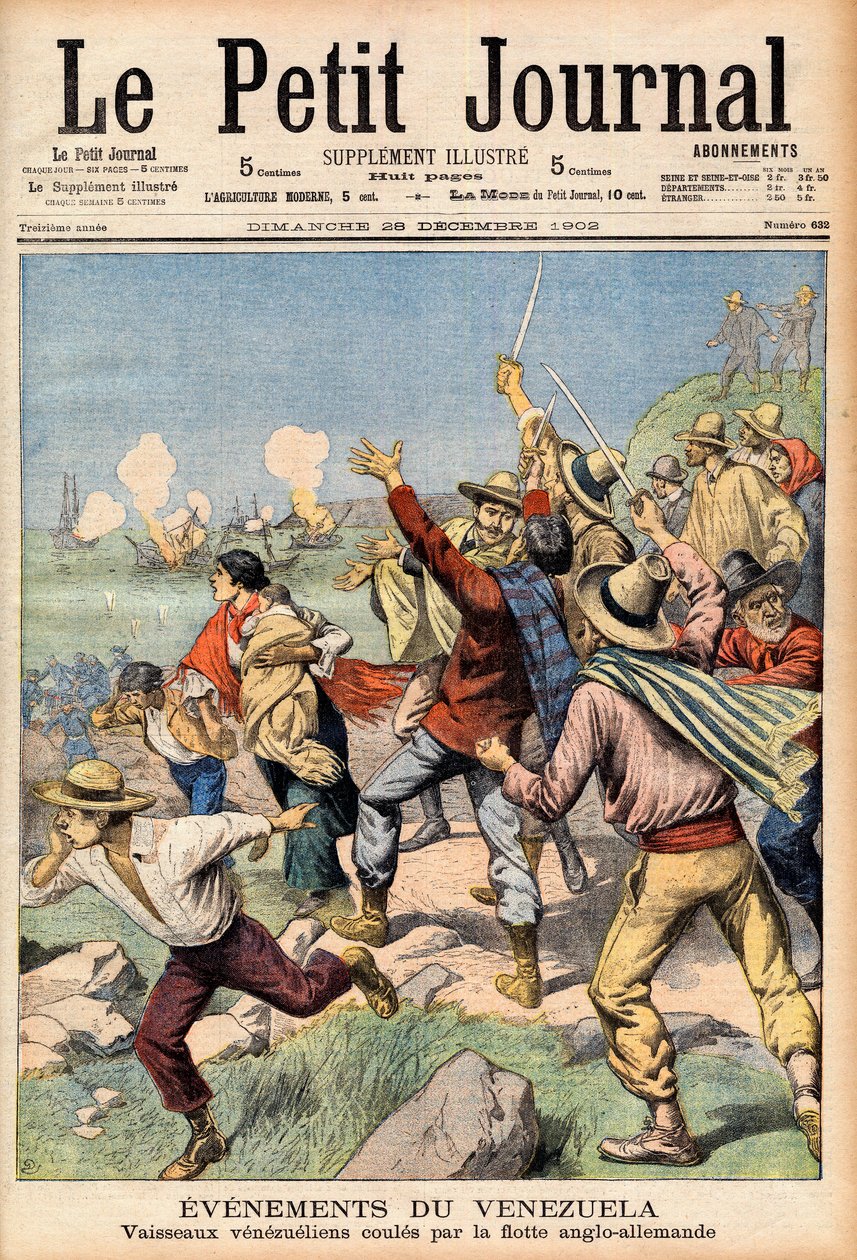Anglo-německá intervence ve Venezuele v letech 1902-1903 - První strana „“Le Petit Journal““ z 28. prosince 1902: události ve Venezuele: venezuelské lodě potopené anglickou a německou flotilou (rytina) od French School
