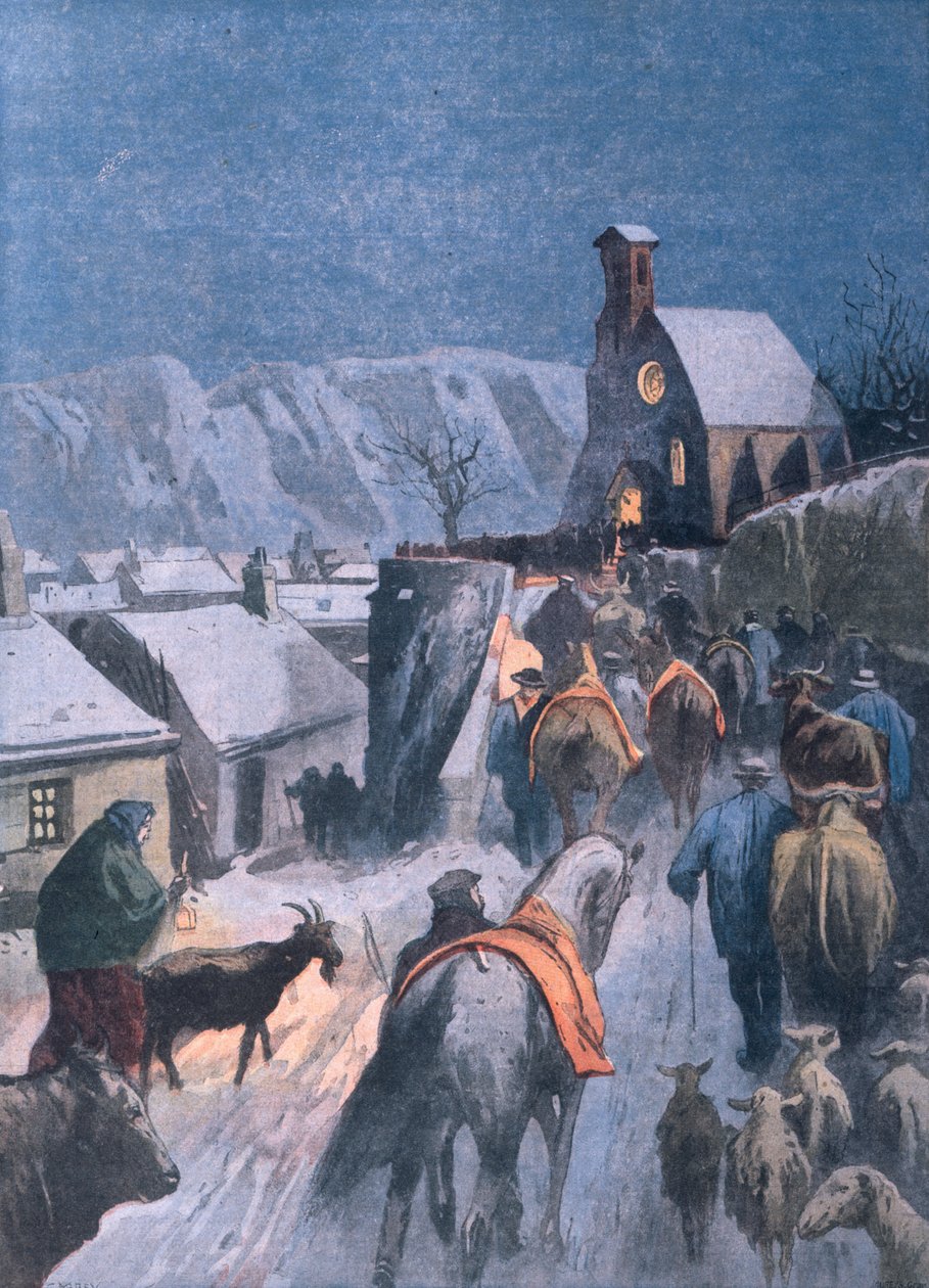 Zvířecí Vánoce v Cevennes, ilustrace z Le Petit Parisien, 27. prosince 1908 od French School