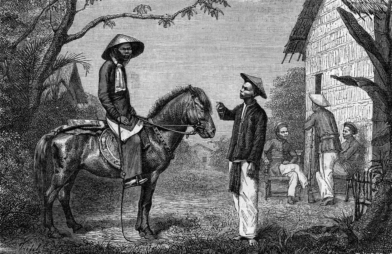 Annamite Skirmishers v Indočíně. Rytina do „The Journal of Youth““ od French School