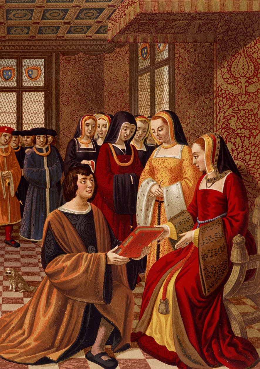 Anny Bretaňské (1477-1514) obklopené svými čestnými dámami. Chromolitografie podle miniatury ze 16. století. Knihovna Arts Deco, Paříž od French School