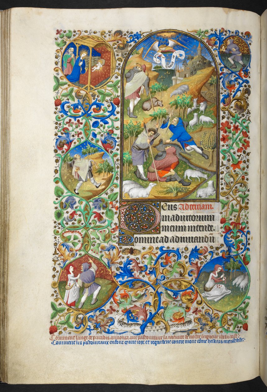 Oznámení pastýřům, přidejte Ms 18850 f.70v Kniha hodin (The Bedford Hours) c.1410-30 (inkoust, barva a zlato na pergamenu) od French School