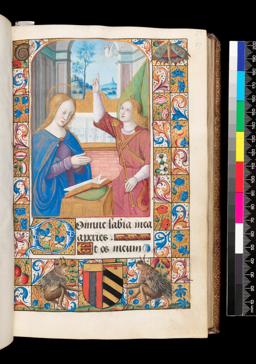 Zvěstování z Knihy hodin, MS 92 f.27r, Západní Francie od French School