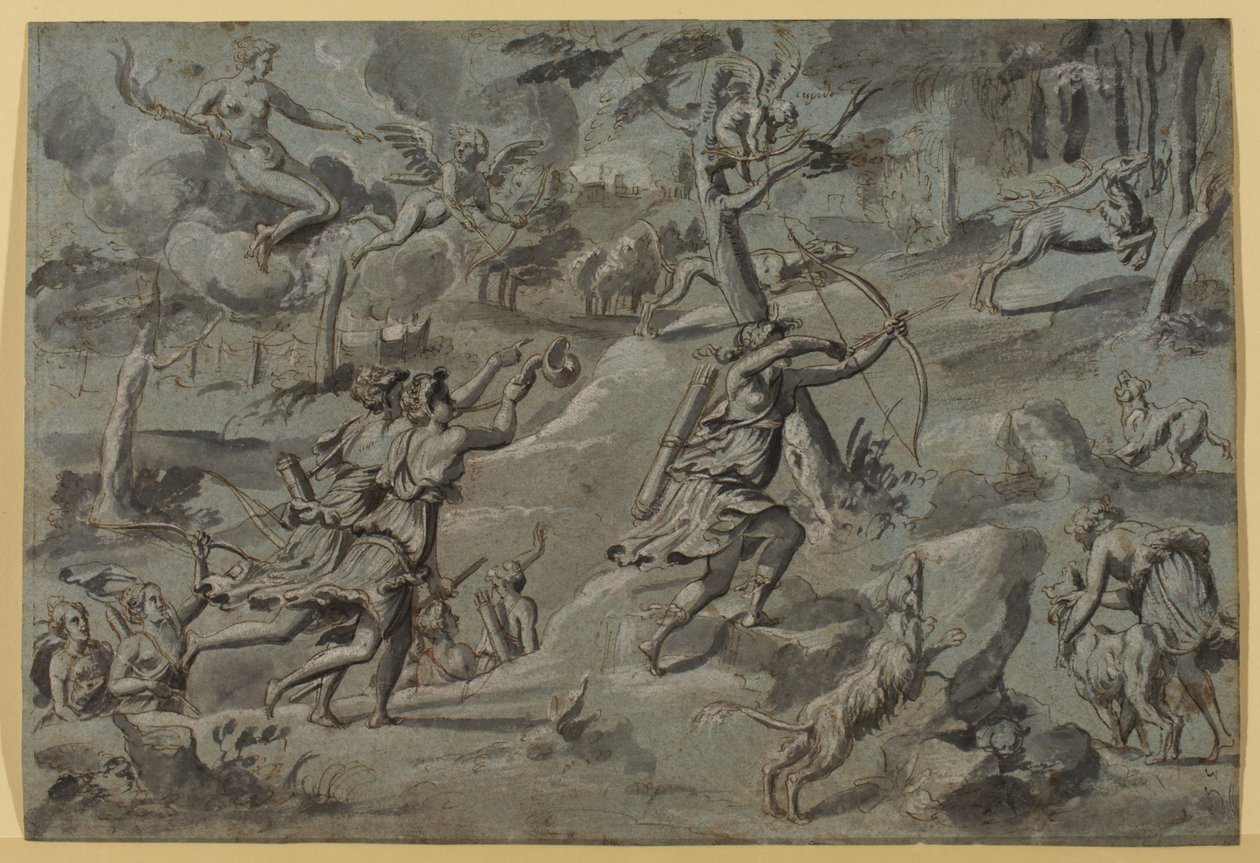 Anonymní podle mistra Dianina tapisérie, Diane, lovící se svými společníky, terčem lukostřelce Amour, c. 1590-1600, šedé praní od French School