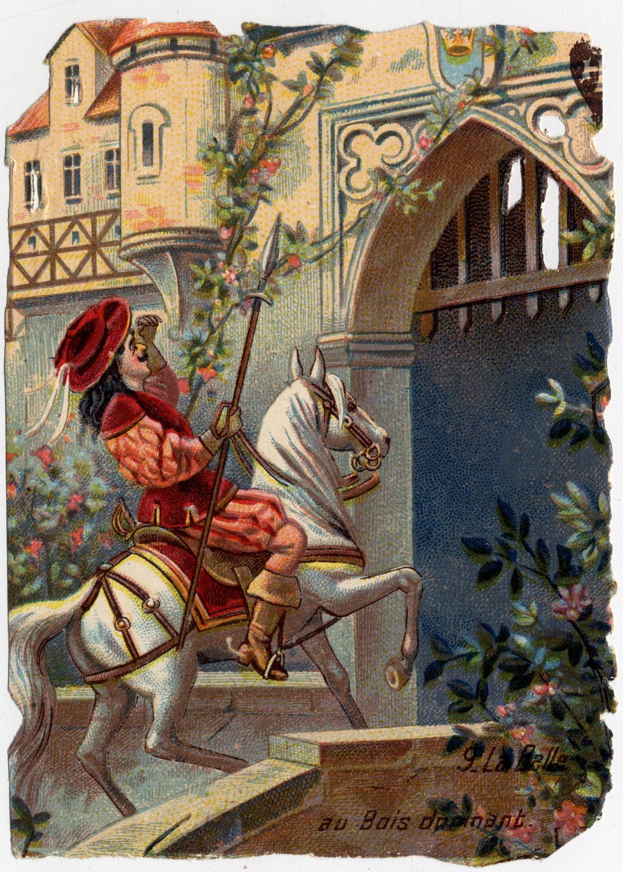 Anonymní ilustrace k „La belle au bois dormant“, příběh Charlese Perraulta (1628-1703), francouzského spisovatele: „Po sto letech dorazil princ k bráně hradu...““ Chromolitografie. od French School