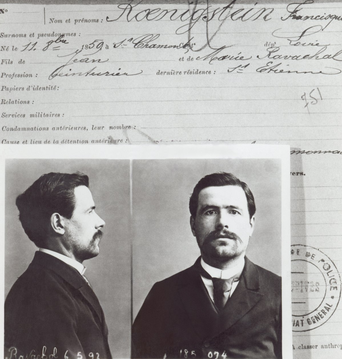 Antropometrická forma Francoise Claudia Koenigsteina, tzv. Ravachol (1859-92), od French School