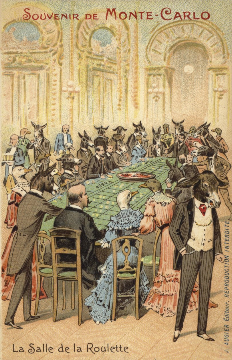 Antropomorfní ilustrace bláznovství kasina v Monte Carlu (barevná litografie) od French School