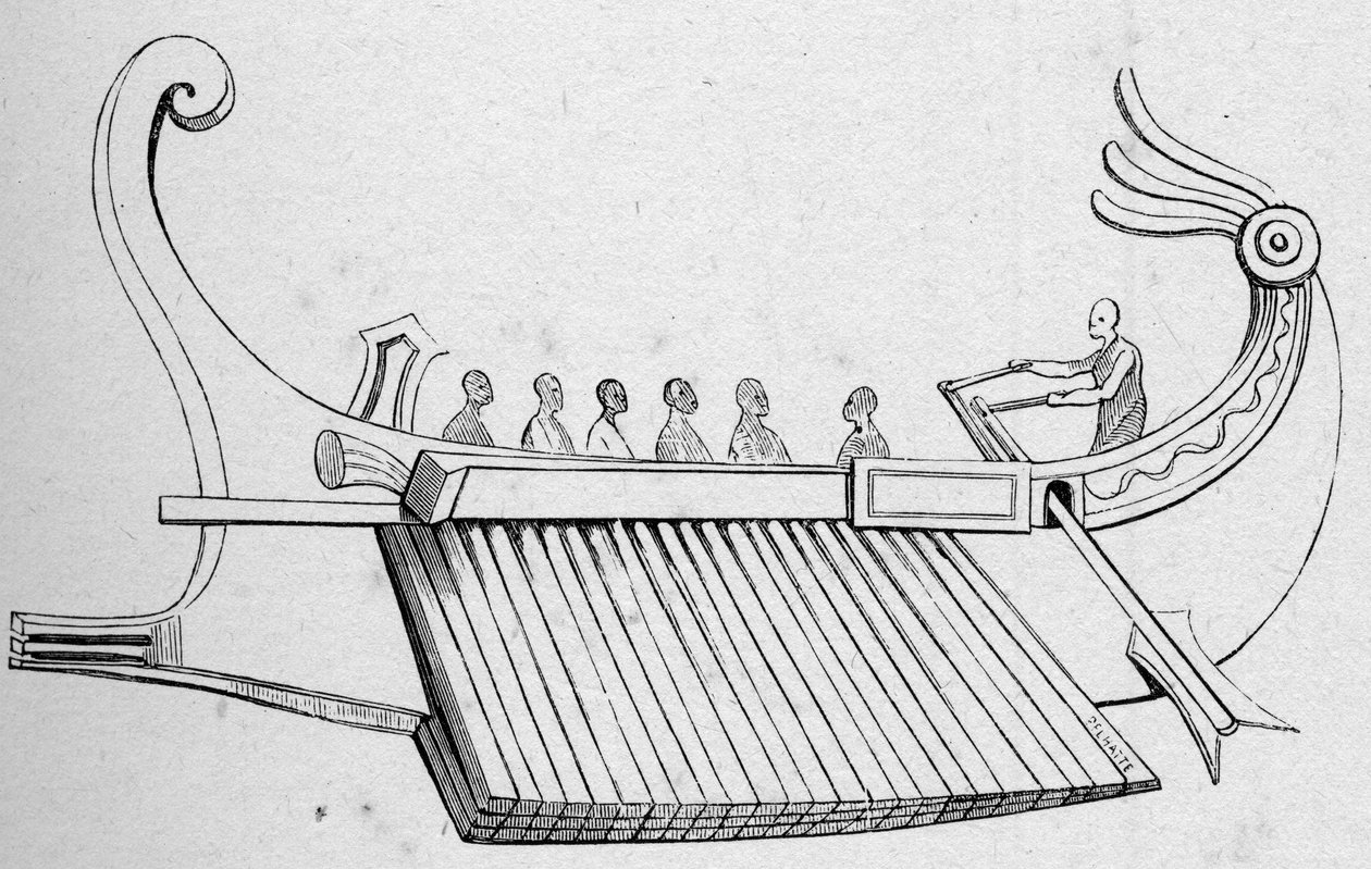Antique Galere má tři řady vesel. Rytina v „La Marine et les colonies: commerce“ od French School