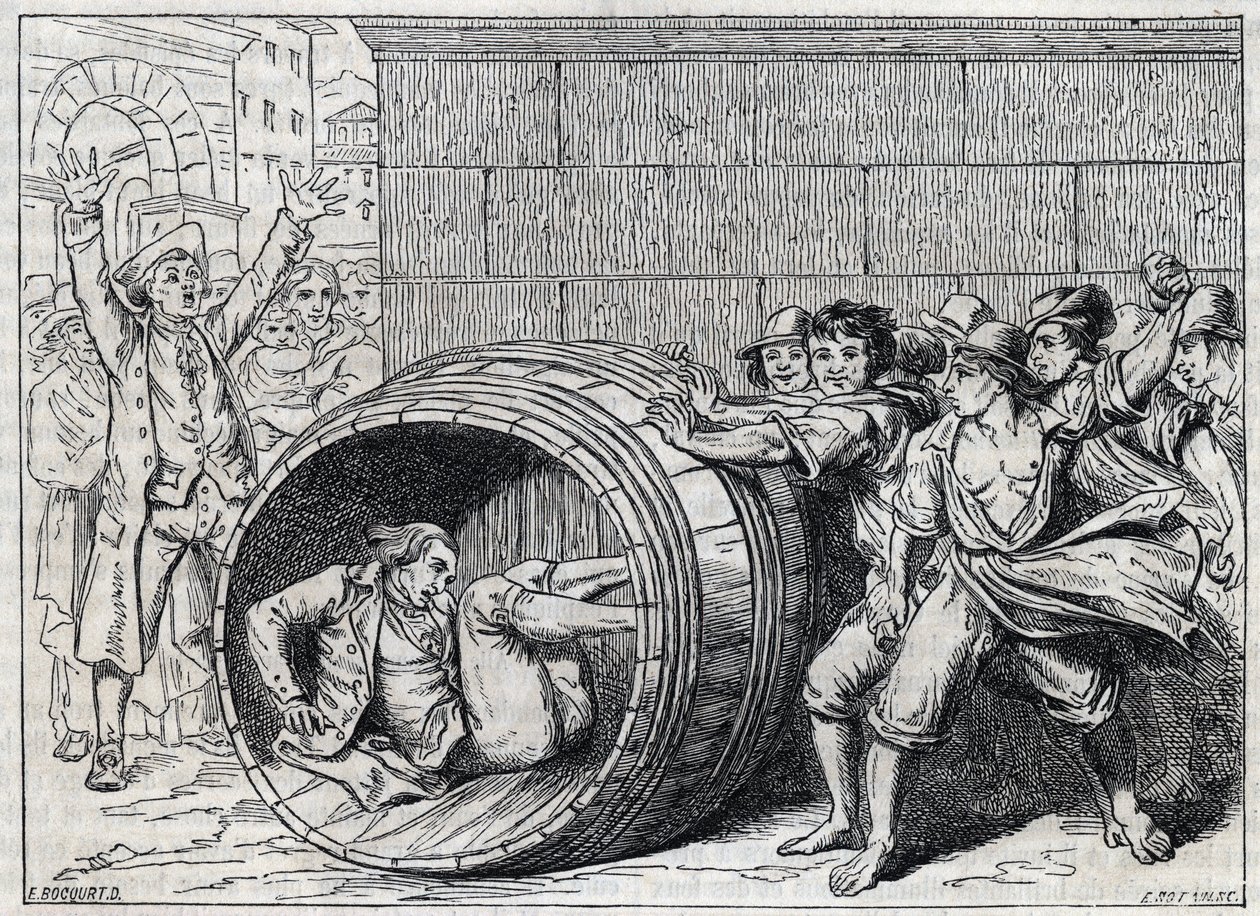 Antisemitská perzekuce v 17. století: Žid se válí v sudu obyvateli Říma. Ilustrace „“ Meo Patacca“, báseň Giuseppe Berneriho (1637-1700). Rytina Bocourt. od French School