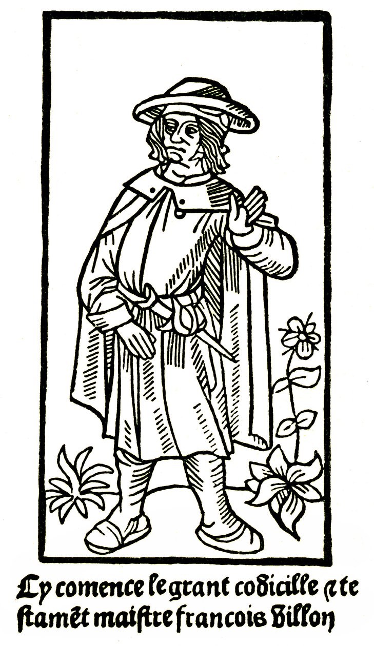 Apokryfní portrét básníka Francoise Villona ve „The Grand Testament“ - „Cy commence le grant codicille & testamet maistre Francois Villon““ (zde začíná velký codicille et testament) vydání P Levet 1489 (dřevořez) od French School