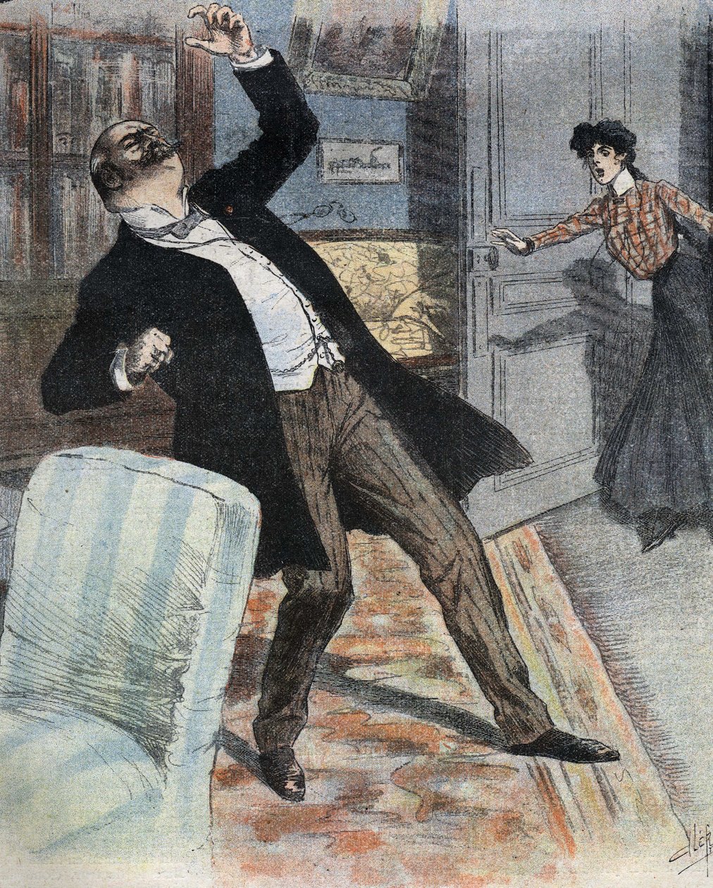 Apoplexie (náhlé zastavení mozkové činnosti v důsledku havárie krevního oběhu v mozku). Ilustrace konce 19. století k románu „“ gogosse““ od Maxe Villemera. od French School