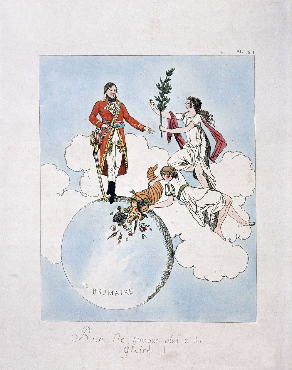 Apoteóza Napoleona-Bonaparta během státního převratu 18. brumaire roku VIII (9.11.1799). (nymfy mu předkládají vavřín a roh hojnosti) od French School