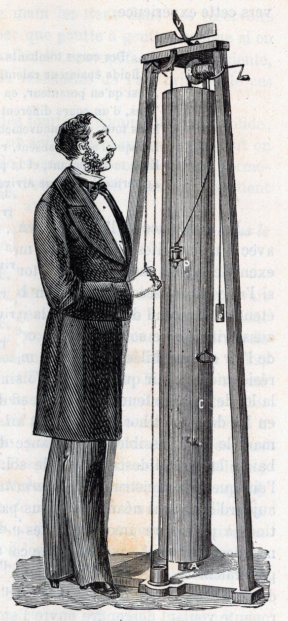 Přístroj od Arthura Julese Morina (1795-1880) přístroj pro studium pádu těl - Rytí do „“ Vědy přivedené do milosti všech – Populární fyzika a chemie““ od Alexise Clerca – Konec 19. století – Soukromá sbírka od French School