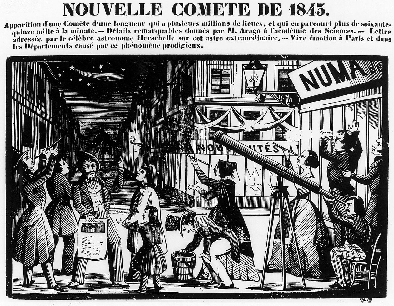 Vzhled komety v Paříži v roce 1843 - rytina od French School