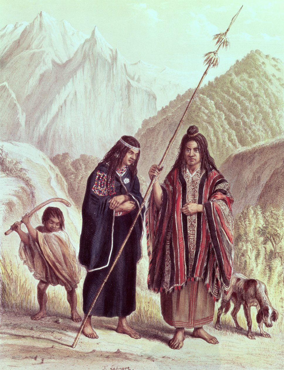 Araucanian Indians, ilustrace z „Historia de Chile“ od Claudia Gaye, vyryto F. Lehnertem od French School
