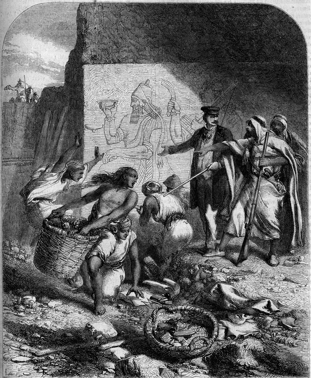 Archeologické vykopávky: objevené nízké asyrské reliéfy v Nemroudu (Malá Asie) anglickým archeologem Austenem Henri Layardem od French School