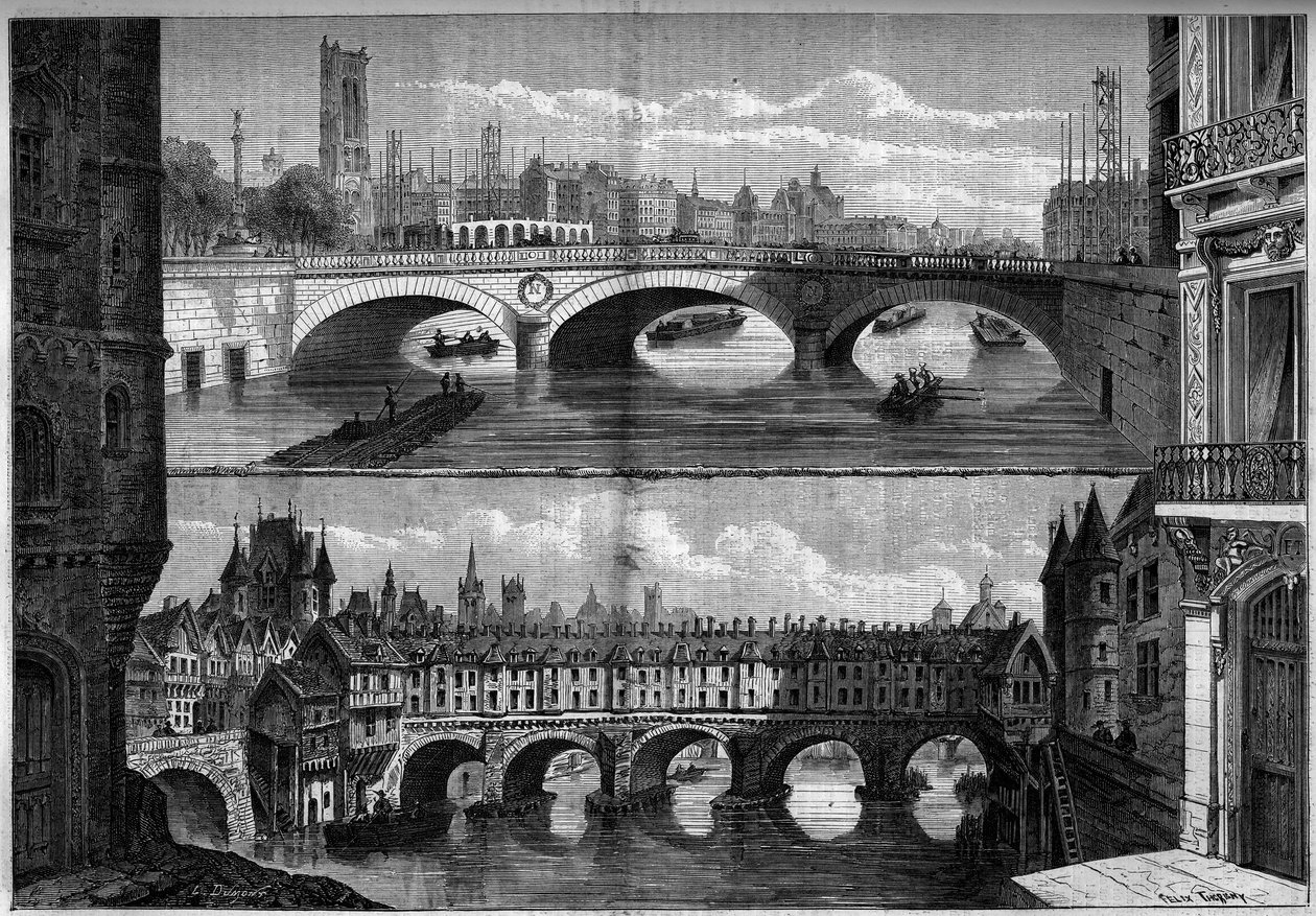 Architektura, Paříž: pohledy na starý most au Change (1639-1647) v roce 1660 a nový most postavený v roce 1860. Rytina v „“ Le Monde Illustré““ č. 184 z 20. října 1860. od French School