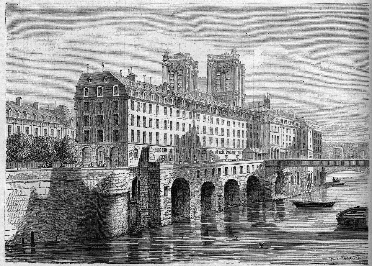 Architektura: vnější pohled na Hotel Dieu na Ile de la Cite v Paříži, před jeho demolicí. Pohled pořízený z Quai de la Tournelle v roce 1859. Rytina v „“ Le Monde Illustré““ č. 136 z 19. listopadu 1859. od French School