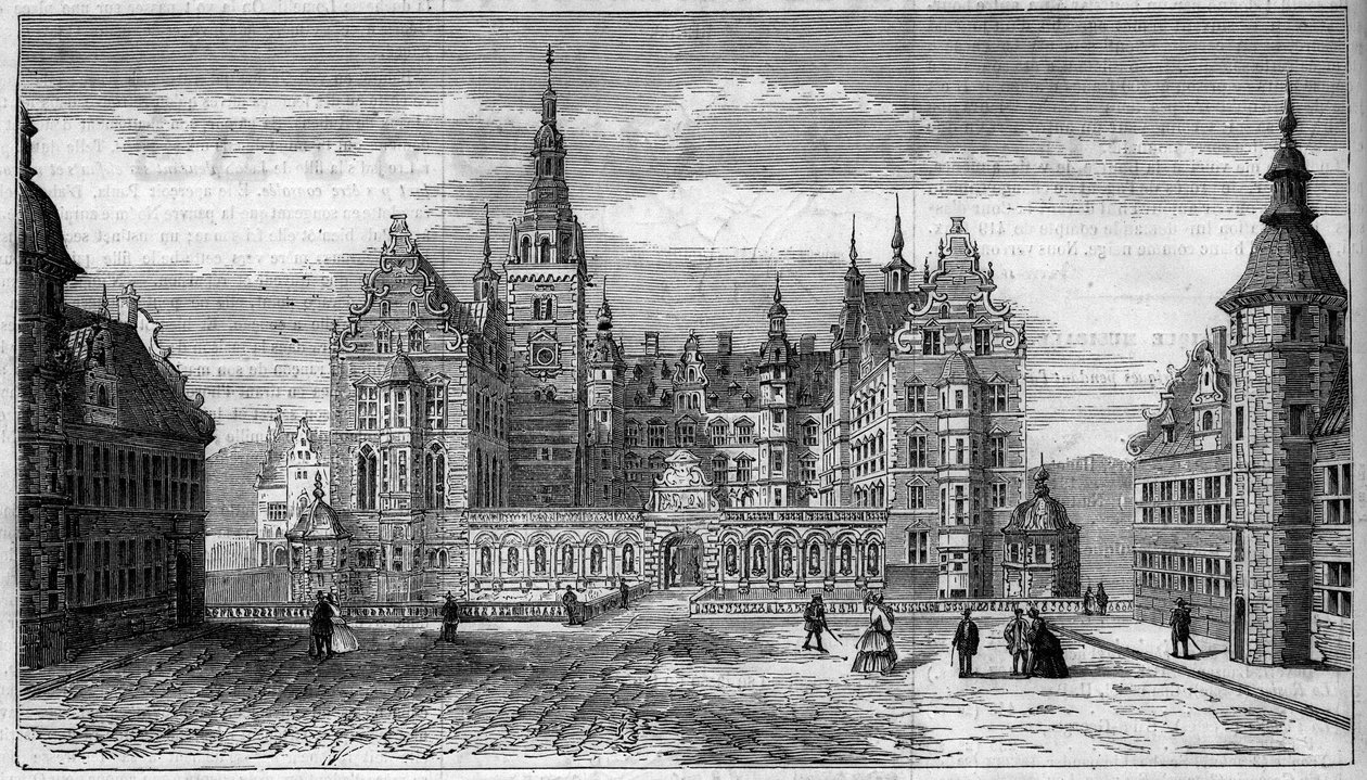Architektura: vnější pohled na hrad Frederiksborg (cca 1625) v Dánsku od French School