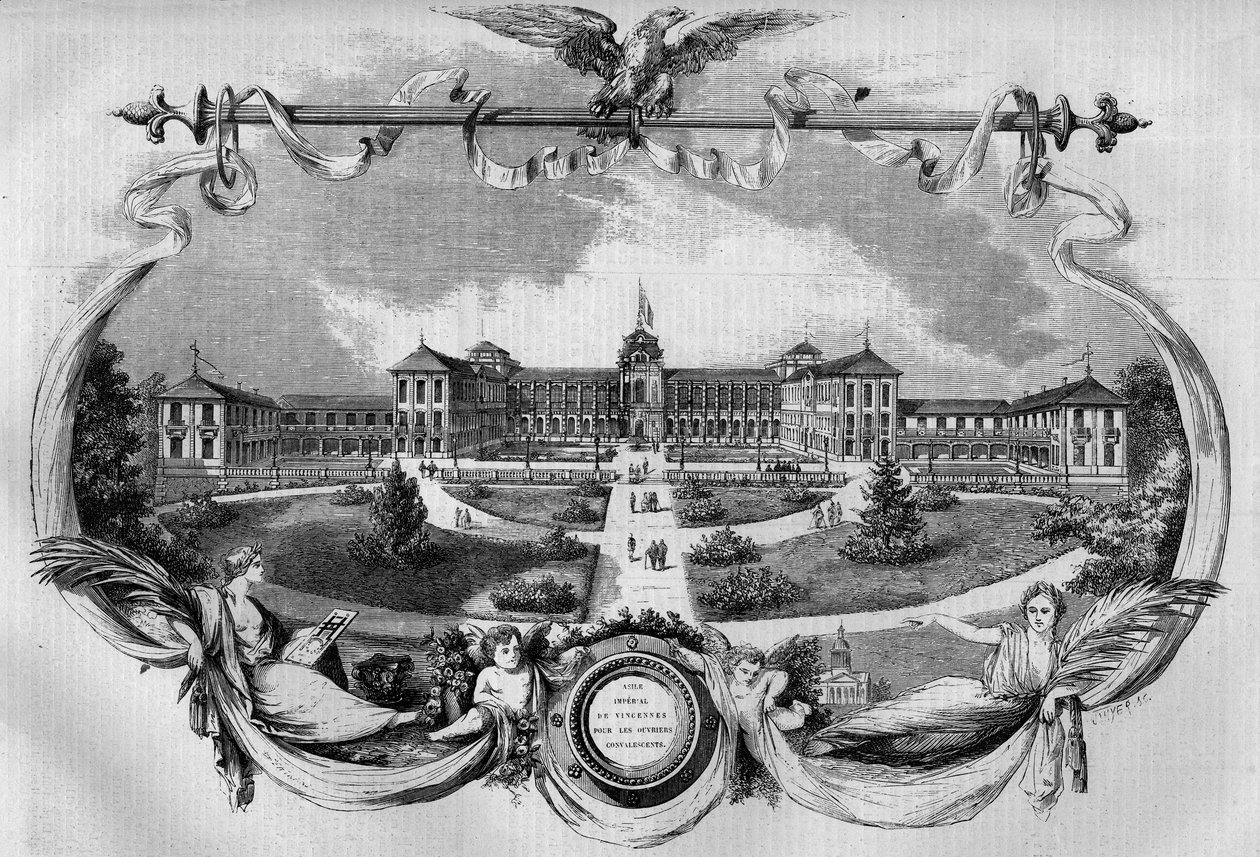 Architektura: fasáda nemocnice známé jako „Imperial Asylum of Vincennes“ pro ozdravné pracovníky slavnostně otevřená v roce 1857. Dnes se nazývá „National Hospital of Saint Maurice“, Saint Maurice (94). Rytina v „“ Le Monde Illustré““ č. 20 z 29. srpna 1 od French School