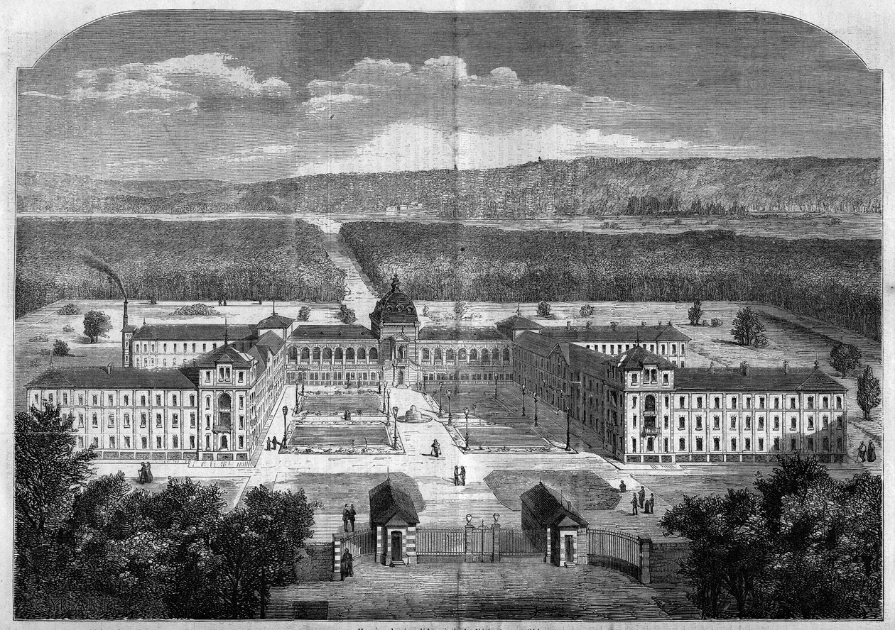 Architektura; celkový pohled na Císařský azyl pro rekonvalescenty Vesinetu, postavený podle plánů architekta Eugena Lavala (1818-1869) a slavnostně otevřen v roce 1859. Rytina v „“ Le Monde Illustré““ č. 77 ze dne 2. října 1858. od French School
