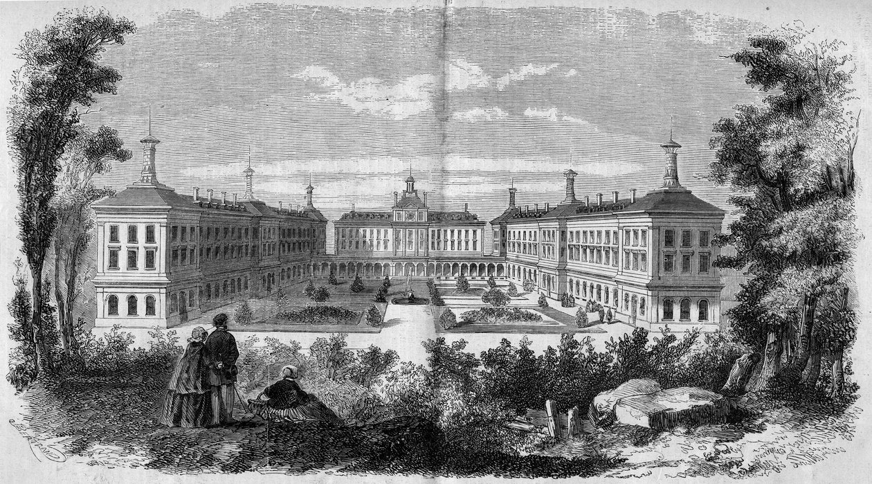 Architektura: celkový pohled na vojenskou nemocnici ve Vincennes (1858). Rytina v „“ Le Monde Illustré““ č. 61 z 12. června 1858. od French School