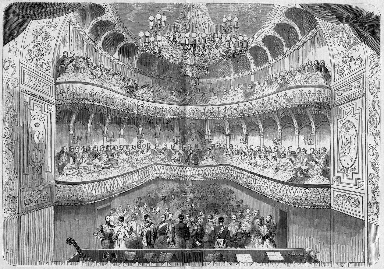 Architektura: vnitřní pohled na divadlo (18. století) paláce Fontainebleau. Rytina v „“ Le Monde Illustré““ č. 61 z 12. června 1858. od French School