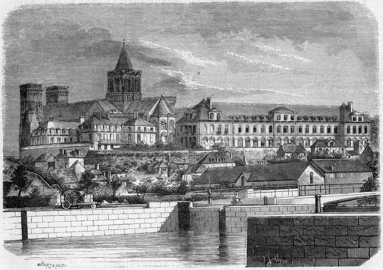 Architektura: pohled na Abbey aux Dames (kolem 1060) a kostel Nejsvětější Trojice (románský styl). Caen, Calvados (14) od French School
