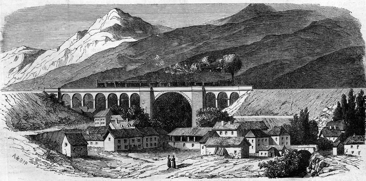 Architektura: pohled na viadukt Bellegarde (Rhone Alpes) na železniční trati spojující Lyon do Ženevy. 1858. Rytina v „“ Le Monde Illustré““ č. 49 z 20. března 1858. od French School