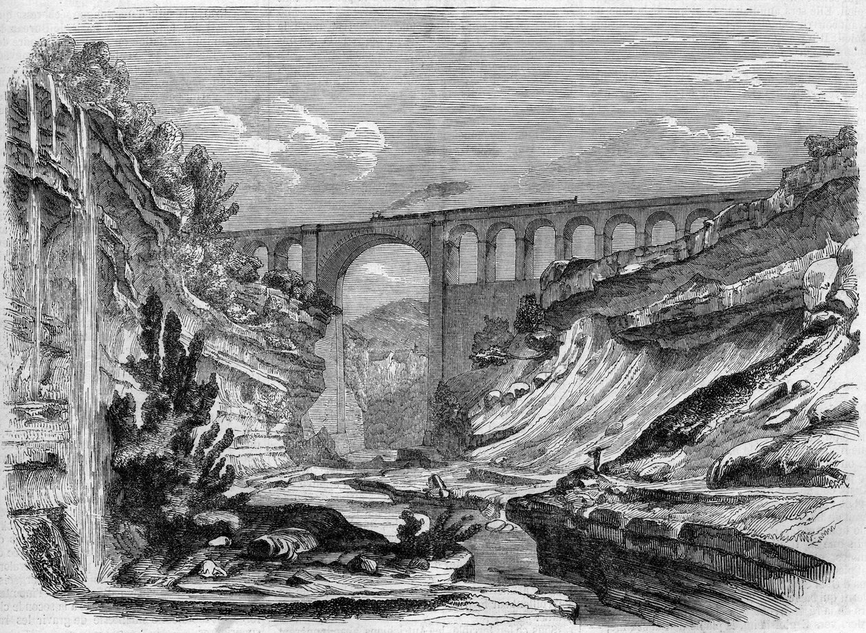 Architektura: pohled na viadukt Valserine (Rhone Alpes) na železniční trati spojující Lyon do Ženevy. 1858. Rytina v „“ Le Monde Illustré““ č. 48 ze dne 13. března 1858. od French School