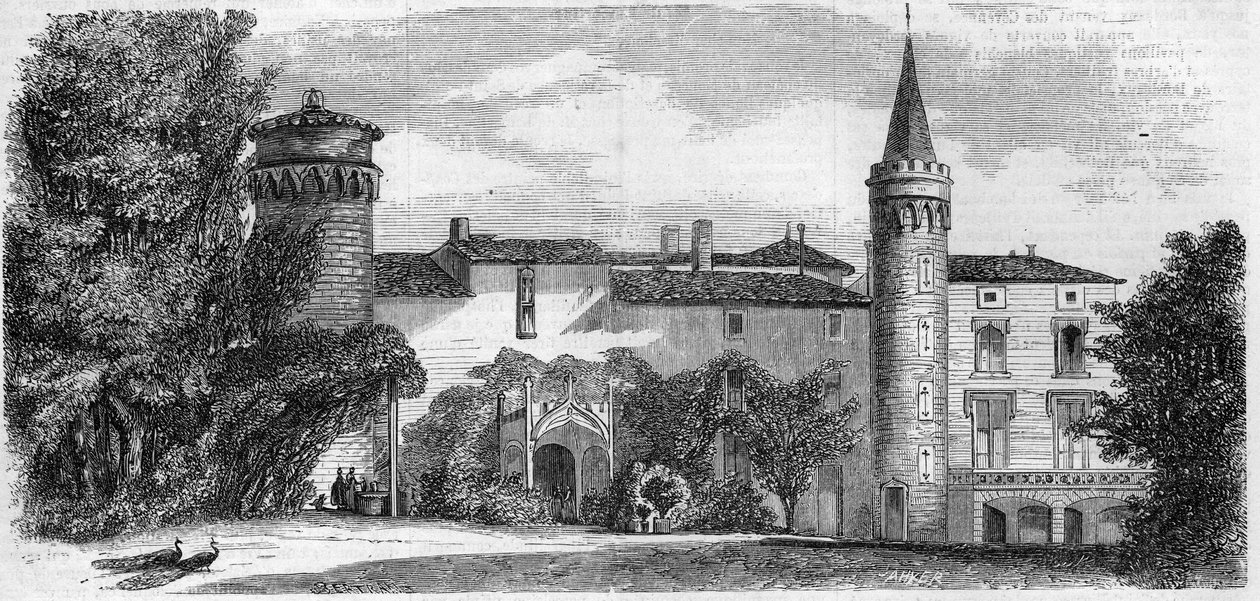 Architektura: pohled na hrad Saint Point (Saint-Point) (13. století), sídlo Alphonse de Lamartine. Saone a Loire (71). Rytina v „“ Le Monde Illustré““ č. 29 z 31. října 1857. od French School