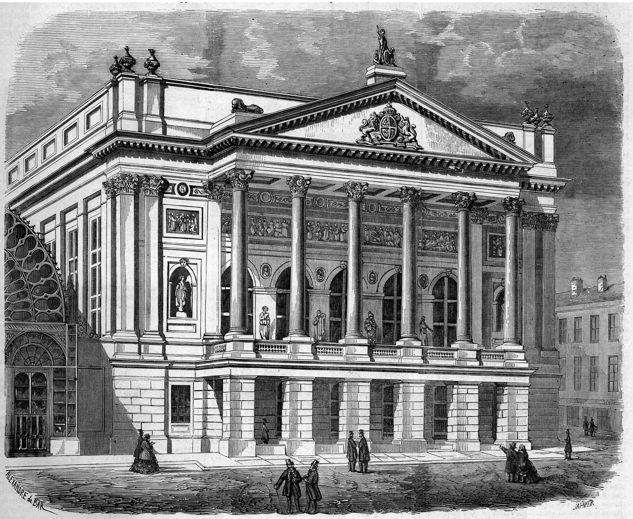 Architektura: pohled na fasádu italského divadla v Londýně (Anglie) v roce 1858. Rytina v „“ Le Monde Illustré““ č. 38 z 2. ledna od French School