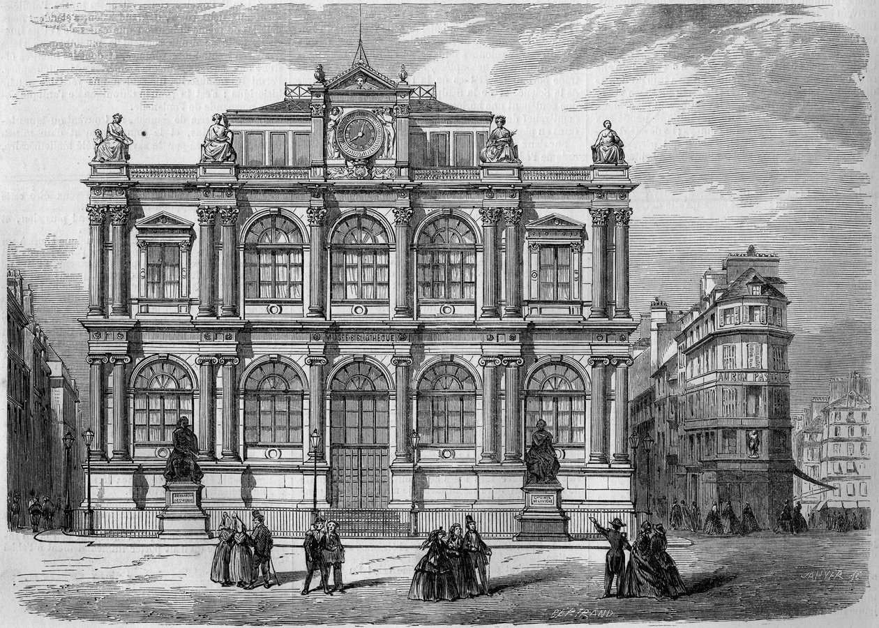 Architektura: pohled na průčelí Musee Bibliotheque (otevřeno v roce 1847) města Le Havre (Seine Maritime, 76). Rytina v „“ Le Monde Illustré““ č. 27 ze 17. října 1857. od French School